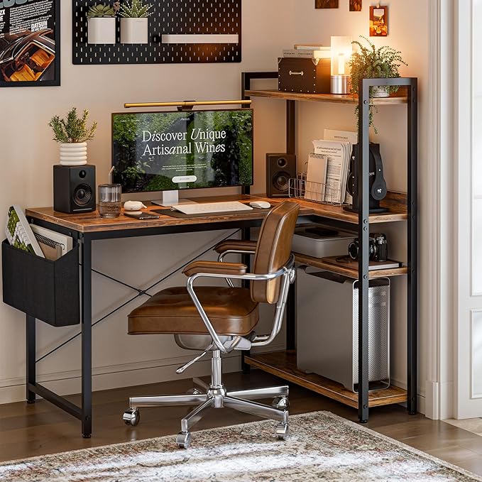 Grandder 47 Inch L Shaped Computer Desk with Reversible Storage Shelves, Home Office Corner Desk Study Writing Table with Hutch, Study, Rustic Brown