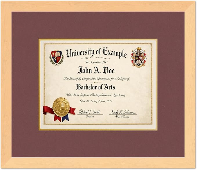 CountryArtHouse Diploma Frame Fits 11 x 8.5 US Letter Certificate - Keepsake Graduation Display Natural Wood Genuine Hardwood with Dark Red Over Metallic Gold Double mat