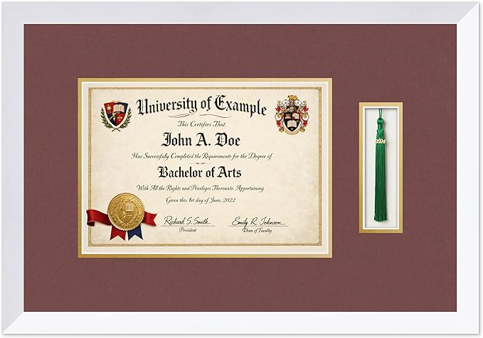 CountryArtHouse Diploma and Tassel Frame Fits 11.69 x 8.27 A4 Certificate with Tassel Hoo Bright White Genuine Hardwood Shadowbox with Dark Red Over Metallic Gold Double mat