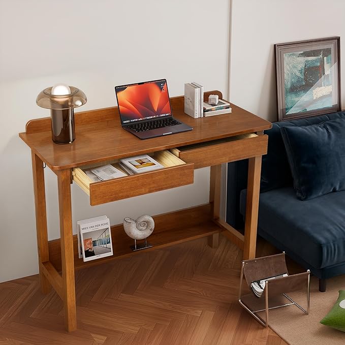 Mid Century Modern Desk - Walnut, 39 x 16 Inch Narrow Desk with 2 Drawers, Bookshelf & 2 Hooks, Writing & Computer Desk for Small Spaces