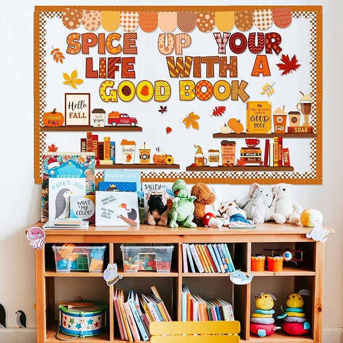 Pasimy Fall Thanksgiving Bulletin Board Decorations Bookshelf Reading Library Spice up Your Life with a Good Book Classroom Decorations Autumn Inspirational Fall in Love with a Good Book Cutouts