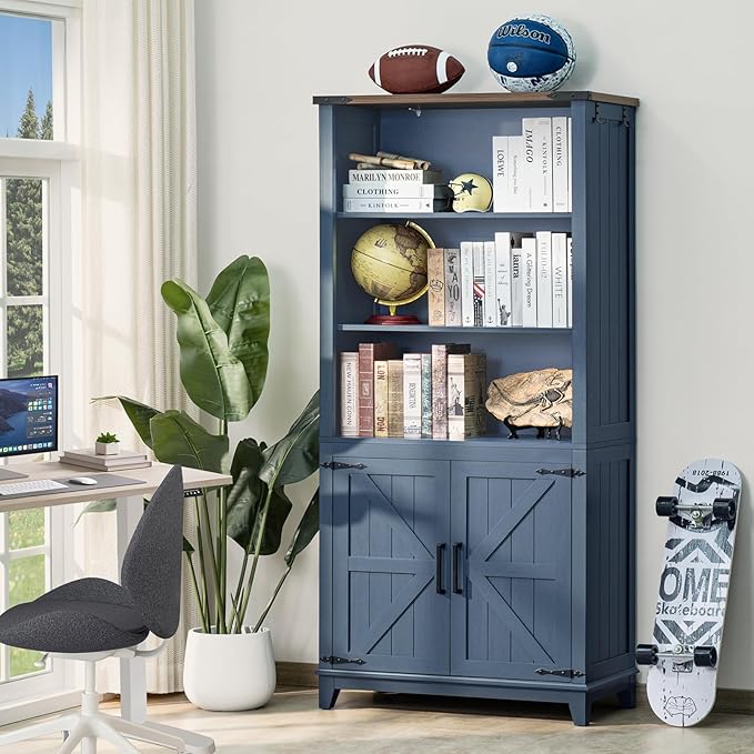 70in Tall Bookshelf 5 Tier Bookcase with Barn Doors and Adjustable Shelves, Blue Farmhouse Book Shelf with Storage Cabinet, Wood Freestanding Display Bookshelves for Bedroom, Living Room | Bookcase, Barn Doors, Adjustable Shelves, Book Shelf, Storage C...