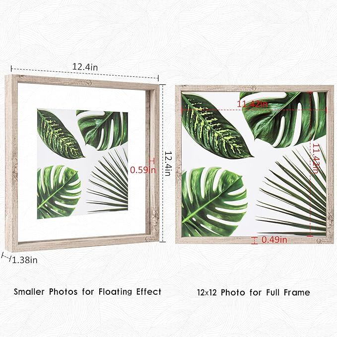 MUYE 12x12 Floating Frame Distressed Beige White Wood Pattern,Double Glass Square Picture Frame Set of 2 Display Any Size Photo up to 12x12,Wall Mount or Tabletop