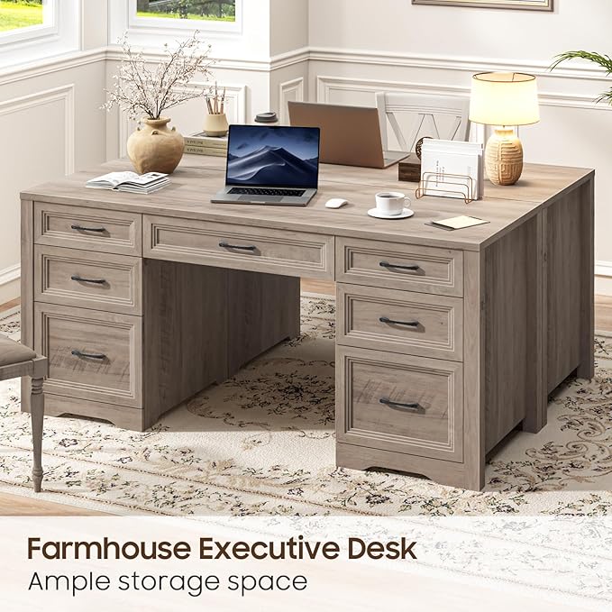 Farmhouse Executive Desk, Wood Home Office Desk with 2 Large File Drawers and 5 Storage Cabinets, Rustic Writing Desk for Work and Study, Grey