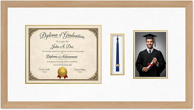 Diploma Tassel and Photo Frame Natural Wood Shadowbox Oyster Shell Over Gold Mat - Fits 11 x 8.5 Degree Picture Made in the USA