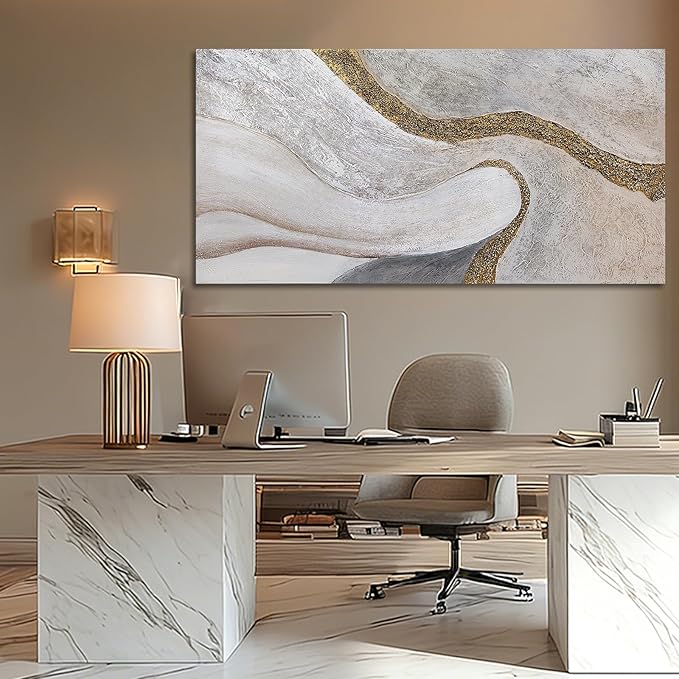 ZUNARE Modern White and Gold Abstract Canvas Wall Art Textured Posters Picture Flowing Line Design Minimalist Artwork for Living Room Bedroom Office Neutral Wall Decor 24x48 Inch