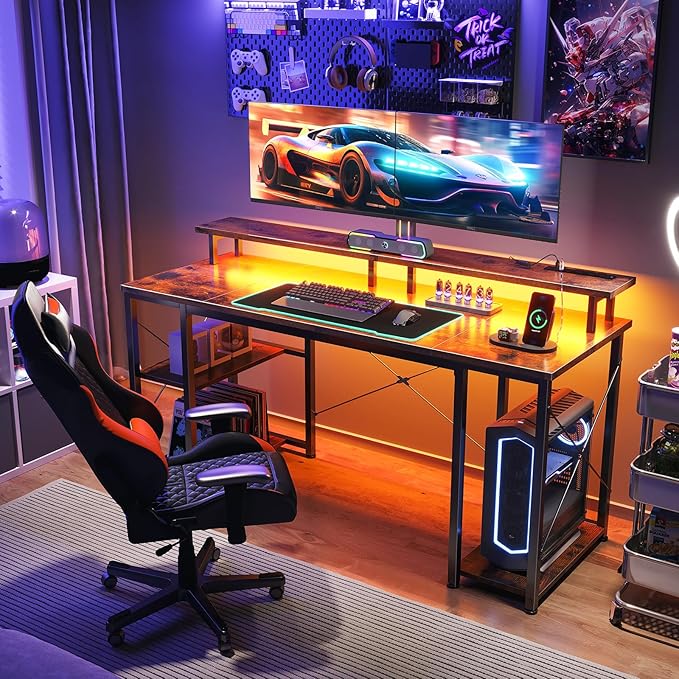 ODK 48 inch Gaming Desk with LED Lights & Power Outlets, Computer Desk with Monitor Stand & Storage Sheves, CPU Stand, Home Office Desk, Vintage