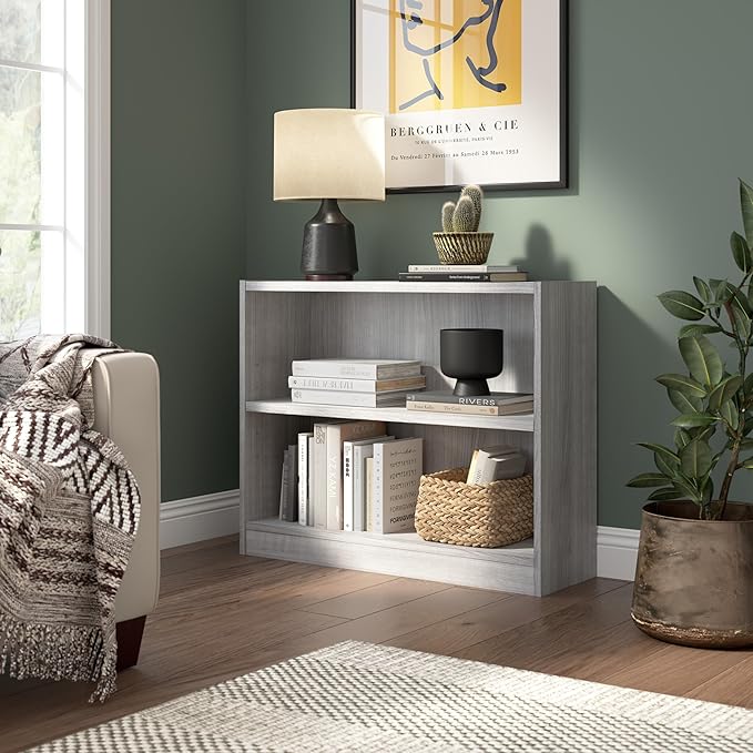 Bush Home Universal Small 2 Shelf Bookcase in Platinum Gray, Low Storage and Display Bookshelf for Home Office or Living Room Organization