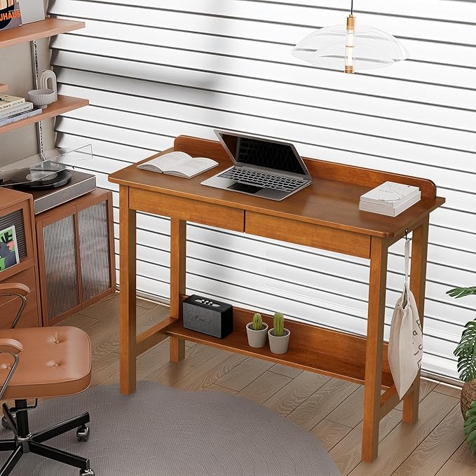 Mid Century Modern Desk - Walnut, 39 x 16 Inch Narrow Desk with 2 Drawers, Bookshelf & 2 Hooks, Writing & Computer Desk for Small Spaces