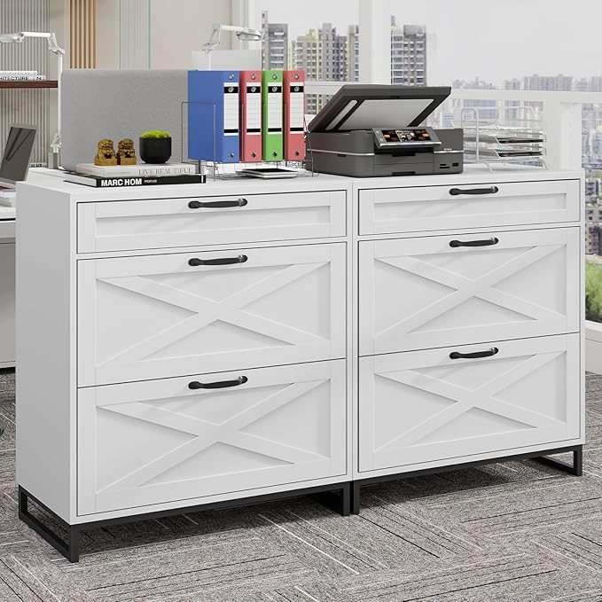 Vabches Lateral File Cabinet with 3 Drawers, Modern Farmhouse File Cabinet for Legal/Letter/A4 Size Hanging Files, Large Wood Printer Stand Home Office, White