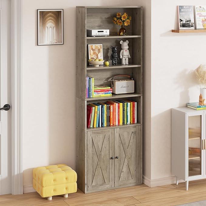 Vongrasig 6-Tier Open Bookcase and Bookshelf with Doors, Floor Standing Farmhouse Display Storage Shelves 71 Inch Wood Tall Bookcase for Home Office, Living Room, Bed Room, Ash Grey