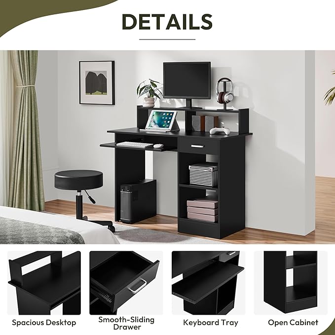 Yaheetech Home Office Wood Computer Desk with Drawers and Pull-Out Keyboard Tray, Study Writing Desk PC Laptop Table with Hutch and Storage Shelves, Modern Workstation, Black
