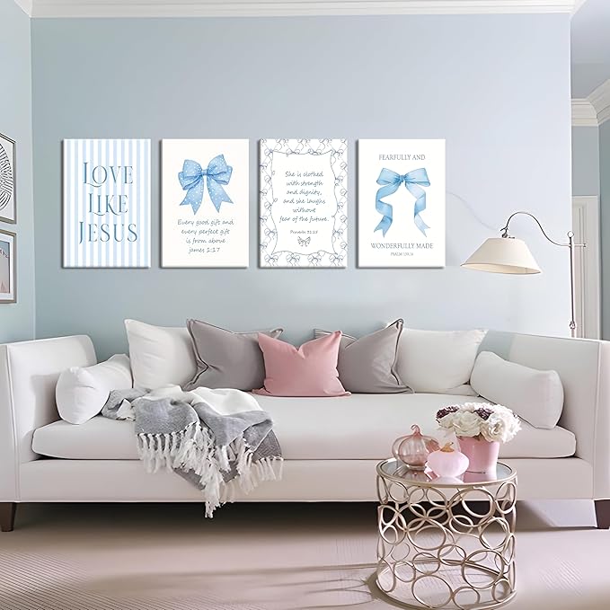 Light Blue Bow Christian Wall Art for Girls Dorm – Coquette Aesthetic Scripture Canvas Prints, Christian Wall Decor for Teen Room, or Bathroom – Framed Cute Spiritual Decor 12x16 inch