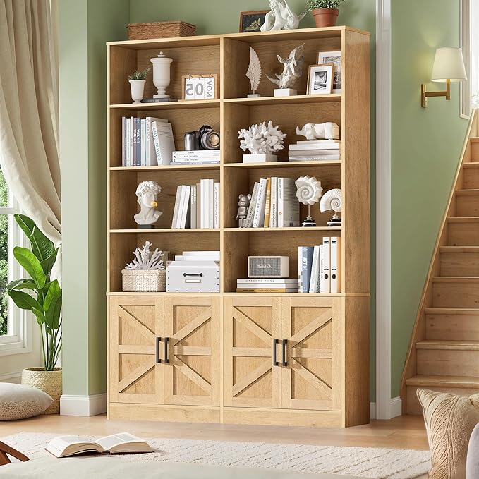 Bookshelf with 4 Doors, 71" Tall Bookcase Book Shelf with Storage Cabinets, Modern Floor Standing Open Display Shelves, 6 Tier Double Book Case for Living Room, Office, Library, Natural