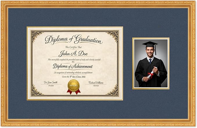 Diploma Frame With Photo Opening Museum Gold Navy Blue Over Gold Mat - Fits 13 x 10 Degree and Picture Made in the USA