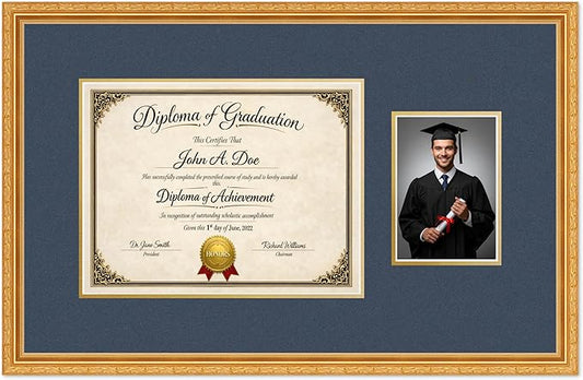 Diploma Frame With Photo Opening Museum Gold Navy Blue Over Gold Mat - Fits 13 x 10 Degree and Picture Made in the USA