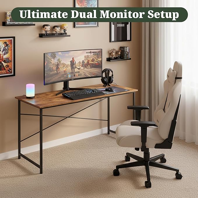 Computer Desk 55 Inch, Simple Home Office Desk Study Writing Table, Sturdy Metal Frame, Scratch-Resistant MDF Desktop for Bedroom Dorm Workspace, Brown