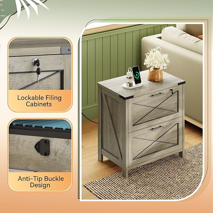 DEVAISE Lateral File Cabinet with Lock, 2 Drawers & Charging Station, Farmhouse Wood Printer Stand with Large Storage, Fits A4/Letter/Legal Hanging Files, Gray Oak