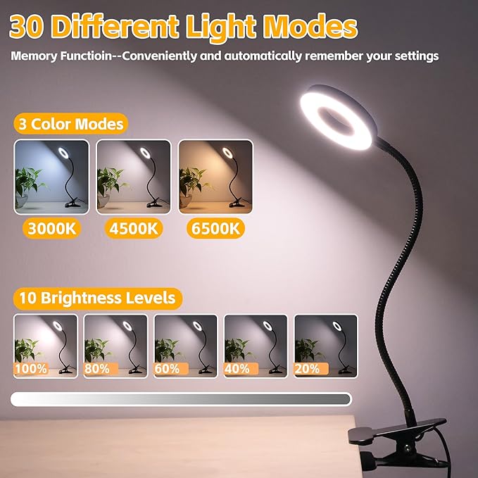 Foneso Desk Lamp Clip on Light, 48 LED USB Lamp with 3 Color Modes 10 Brightness Levels, 360° Flexible Gooseneck Eye Protection Bed Night Light for Reading, Makeup, Craft (Black)