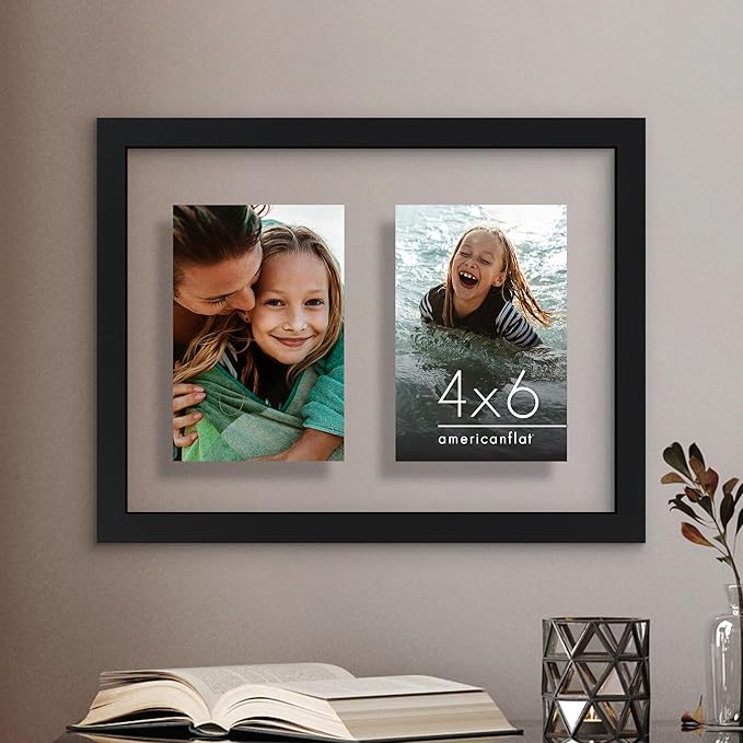 Americanflat 4x6 Double Picture Frame with Shatter-Resistant Glass - Fits Two 4x6 Photos or use as One 9x12 Picture Frame - Signature Collection - Collage Frames with Floating Effect for Wall - Black