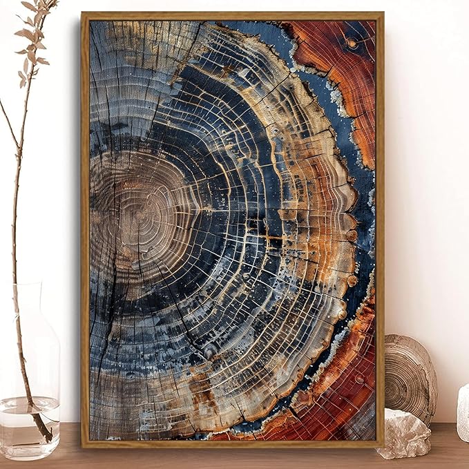 IBHJSART Framed Tree Ring Canvas Wall Art Vintage Colorful Wood Stump Painting Prints Modern Minimalist Pictures Neutral Nature Rustic Farmhouse Decor Living Room Bedroom Bathroom Office