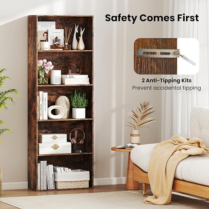 Giantex 5-Tier Bookshelf, Freestanding Bookcase with 5 Open Shelf, Modern Display Shelf, Storage Organizer for Living Room Bedroom Home Office, Rustic Brown