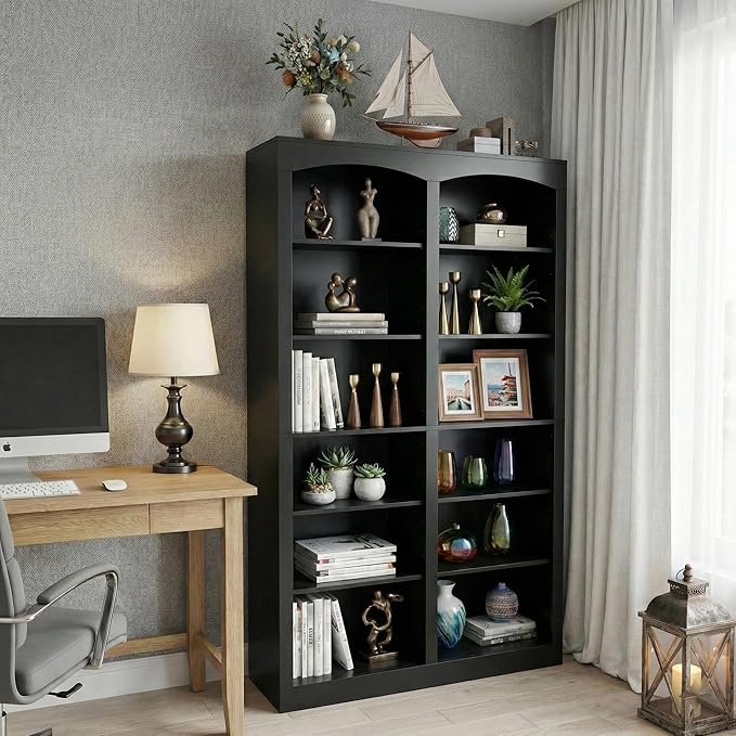 71" Tall Bookcase, Double Wide Black Bookshelf with Arched Design, 12-Tier Open Wood Display Shelf Storage Organizer for Living Room, Home Office (41.6" W x 70.8" H)