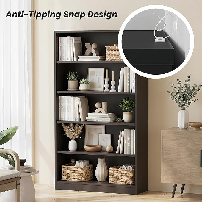 5 Tier Wooden Bookshelf, 60" H Tall Book Shelf with Adjustable Shelves, 33" Wide Bookshelf for Home Office, Living Room