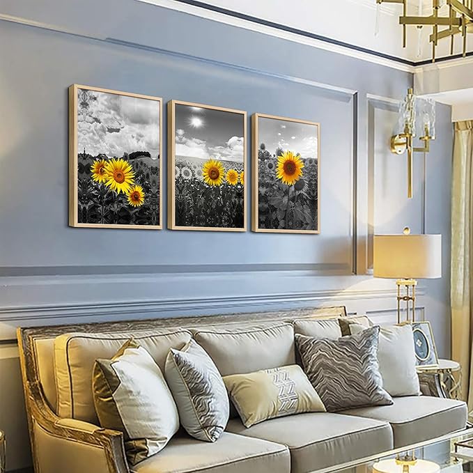 hyidecorart Natural Framed Wall Art - Large Sunflower Flowers Black And White Wall Pictures - Set of 3 Piece Prints - For Living Room, Kitchen, Bedroom