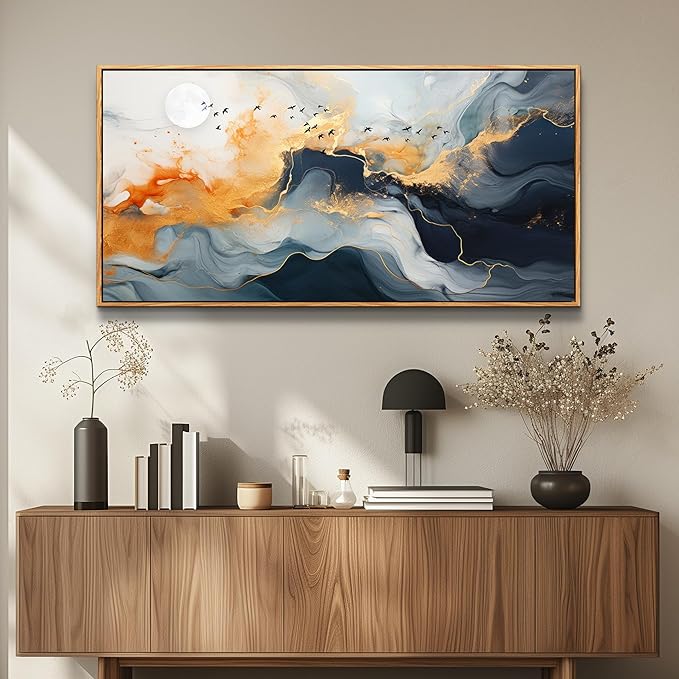 MHARTK66 Framed Wall Art Abstract Large Canvas Picture Marble Fluid Art with Gold Foil Moon & Bird Design Home Decor for Living Room Bedroom Hotel Office Wall Decorative Artwork Ready to Hang 24x48