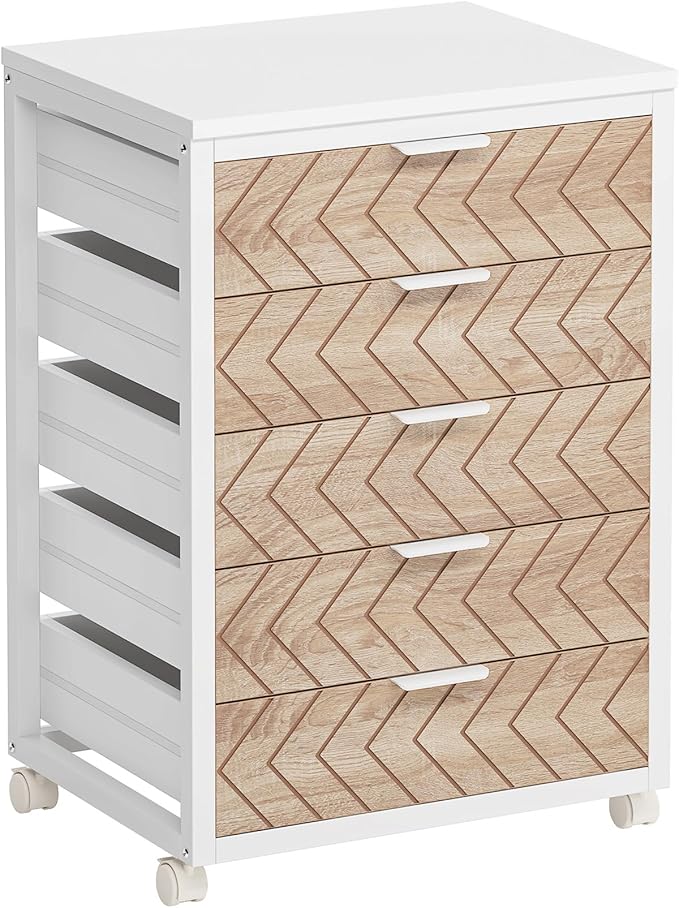 Tribesigns 5-Drawer File Cabinet, Wood Mobile Storage Drawer Unit, Industrial Office Cabinet with Drawers & Wheels, Rolling Printer Stand for Home Office, Beige & White
