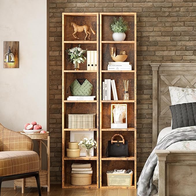 Narrow Bookshelf & Bookcase Set of 2, 6-Tier Floor Standing Open Book Shelf, Modern Corner Bookshelf with Storage Space, 71.5" Tall Bookshelves for Bedroom, Living Room and Office, Brown