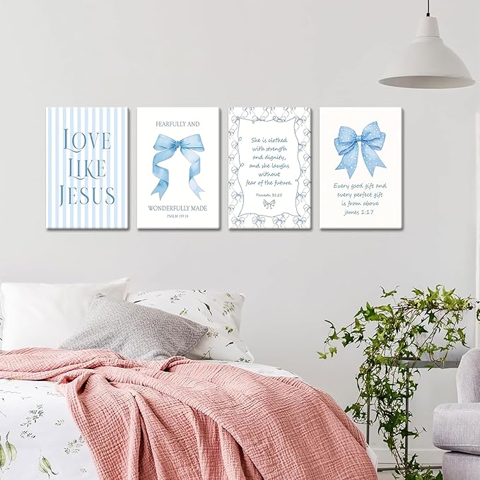 Light Blue Bow Christian Wall Art for Girls Dorm – Coquette Aesthetic Scripture Canvas Prints, Christian Wall Decor for Teen Room, or Bathroom – Framed Cute Spiritual Decor 16x24 inch