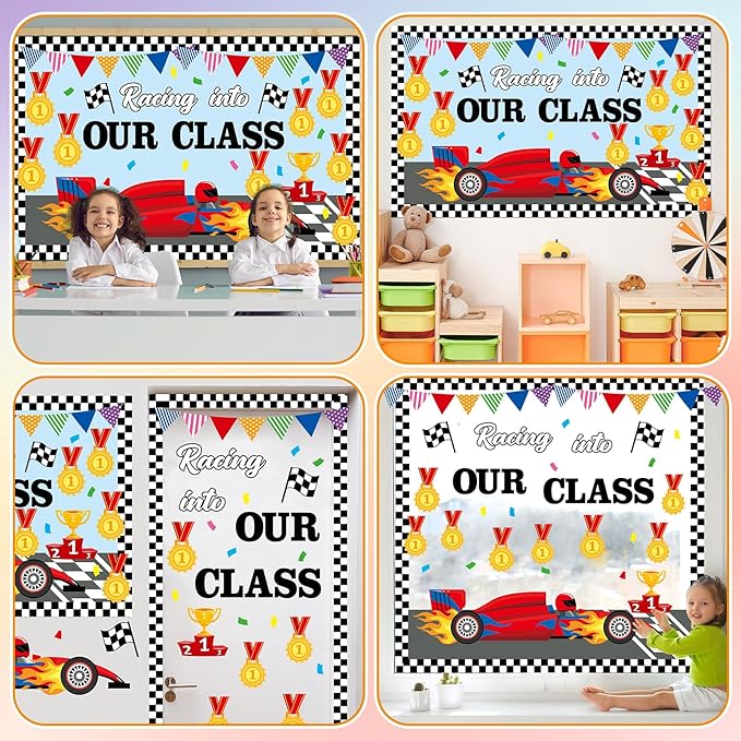 gisgfim Racing Car Bulletin Board Decorations Racing Into Our Class Paper Cutouts Motivational Cars Medal Bulletin Board Set for Back to School Teacher Classroom Kindergarten Wall Decor Supplies