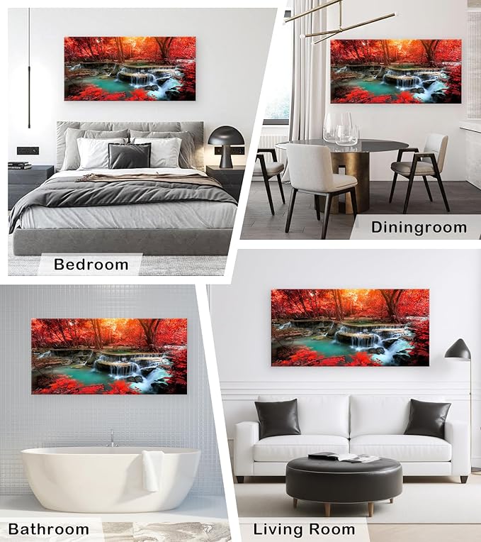 Muolunna BK03998 Wall Art Decor Canvas Print Picture Red Forest Waterfalls 1 Piece Modern Landscape Tree for Living Room Bedroom Office Home Decorations Stretched and Framed Ready to Hang