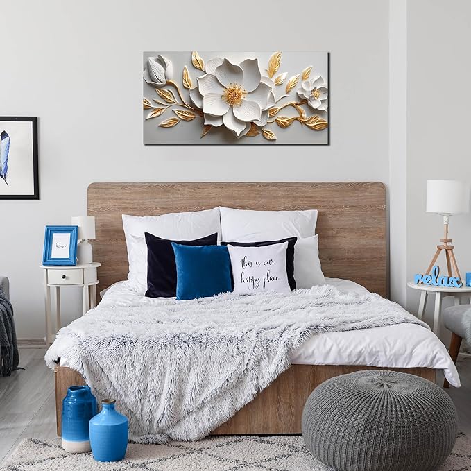 Canvas Wall Art for Living Room Bedroom Office White and Gold Flower Artwork Large Botanical Floral Wall Art Framed Wall Decor Modern Canvas Prints 20x40 In