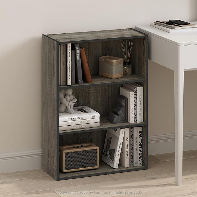 Furinno Simple Book Shelf, 3-Tier Bookshelf, Storage Shelves Bookcase, 9.7 x 23.7 x 31.5, for Living Room, Bedroom, Home Office, French Oak