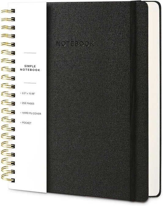 Spiral Notebook - 8.5 x 10.98 Inch Large Hard Cover Notebook with Elastic Band & Pocket, 252 Pages, Lay Flat Wirebound Journal for Work, School, Planning & Note Taking Black