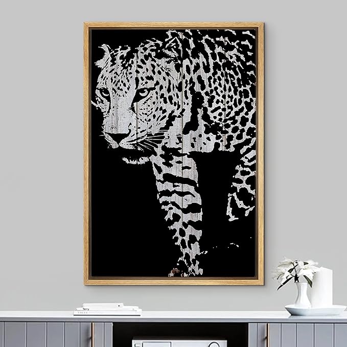 IDEA4WALL Framed Canvas Print Wall Art Grayscale Spotted Leopard on Wood Panels Animals WildLife Illustrations Modern Art Tropical Portrait Dark for Living Room, Bedroom, Office - 24"x36" NATURAL