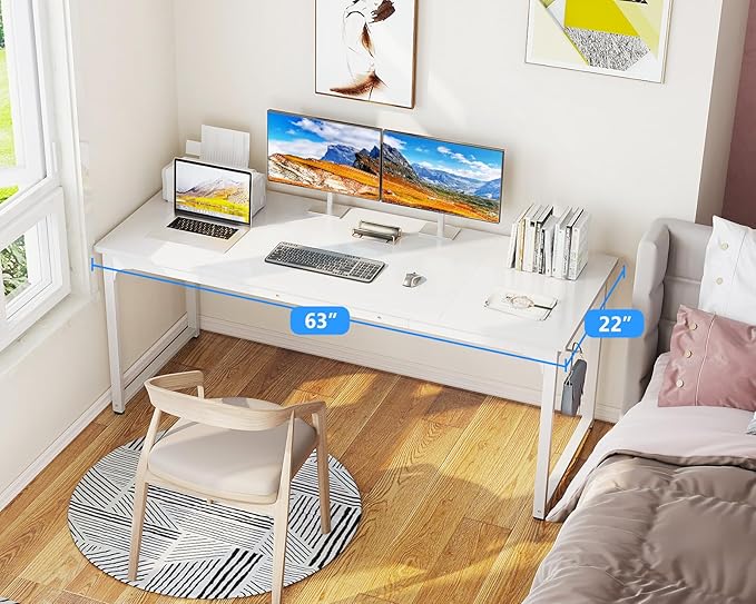 Casaottima 63 Inch Computer Desk for Home Office, Study Writing Table for Small Spaces, Simple Modern Desk with Headphone Hooks, White