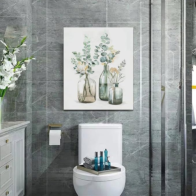 Botanical Bathroom Wall Art Rustic Green Plant Pictures Wall Decor Botanical Canvas Country Print Painting Modern Decoration Artwork for Bathroom Living Room Bedroom Office Framed 20"x24"