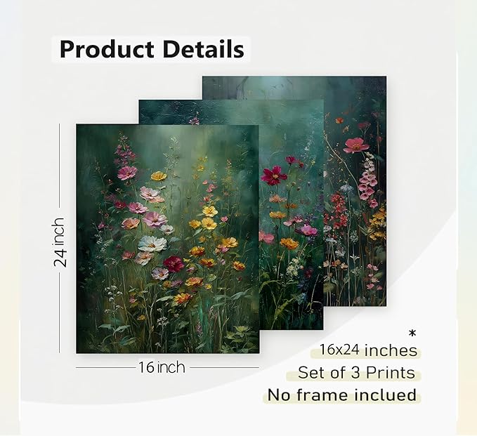 3Pcs Dark Green Floral Canvas Wall Art Moody Wildflowers Poster Prints Vintage Nature Rustic Botanical Flowers Pictures for Bedroom Living Room Office Bathroom Wall Decor 16x24in Unframed