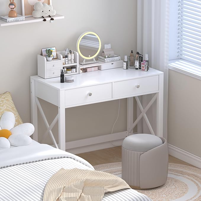 WiberWi Home Office Desk with Drawers, White Modern Writing Computer Desk with Power Outlets, Small Makeup Vanity Table for Bedroom, Study Table for Home Office