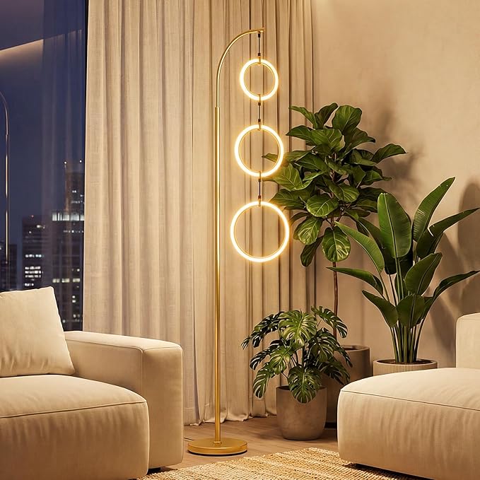 Giantex 71'' Modern 3-Ring LED Floor Lamp, Dimmable Standing Lamp with Foot Switch, 3 Color Temperatures Tall Contemporary Light for Living Room, Bedroom, Office, Gold