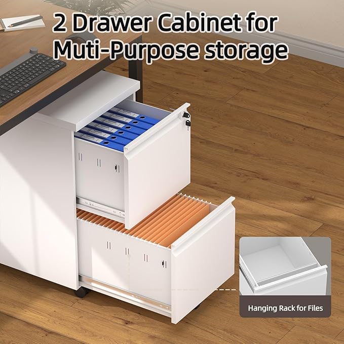 2 Drawer File Cabinet with Lock,Metal Filing Cabinet with Wheel,White Rolling File Cabinets,Moblie Under Desk Office Cabinets for Home Office,Fit A4/Letter/Legal