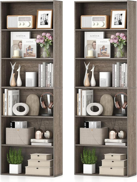 Giantex 6-Tier Bookcase Set of 2, 70" Tall Wooden Bookshelf, Freestanding Storage Organizer w/Open Shelves, Anti-Tipping Kits, Modern Floor Standing Display Shelves for Living Room,Grey