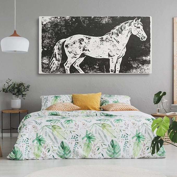 Vintage Horse Framed Canvas Wall Art for Office, Black White Rustic Wall Decor 58" L x 28" W