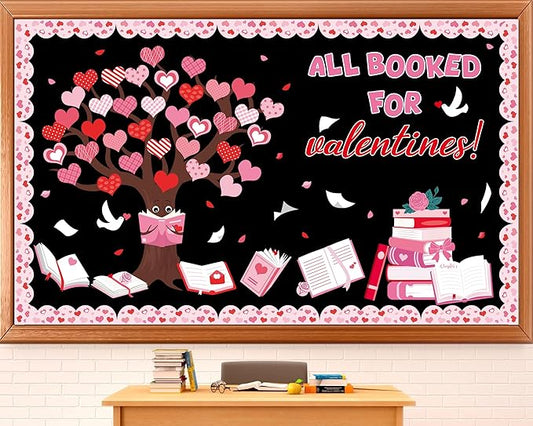 Valentine’s Day Bulletin Board Set Reading Bulletin Board Decorations All Booked for Valentines Classroom Decoration Pink Heart Books Tree Paper Cutouts for School Library Chalkboard Door Decor