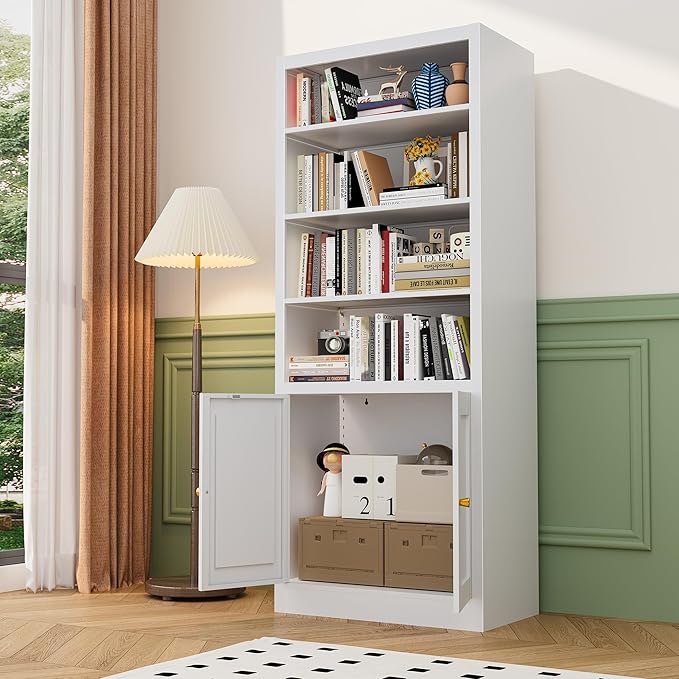 White Bookcase, Library Office Book Shelf with Adjustable Shelves, Tall Bookcase with Doors for Bedroom Living Room Kitchen. Metal Bookshelf Ideal for Home Organization & Stylish Upgrades