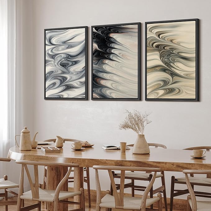 SIGNFORD Framed Wall Art Print Set Neutral Marble Swirl Abstract Elegant Fluid Pattern Digital Art Modern Art Contemporary for Living Room, Bedroom, Office - 24"x36"x3 BLACK